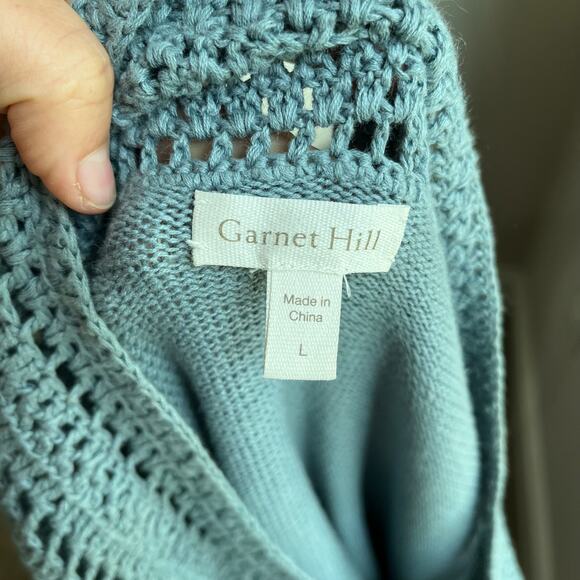 Garnett Hill Linen Blend Blue Crochet Neck Line Sweater Sz Large - Picture 5 of 8